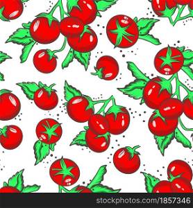 Background with cherry tomatoes vector illustration. Seamless pattern with organic healthy food. Red vegetables tomato and salad leaves. Template for packaging or design.. Background with cherry tomatoes vector illustration.