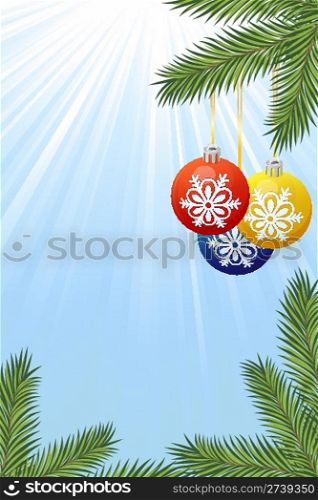 Background with Christmas tree branch and toys