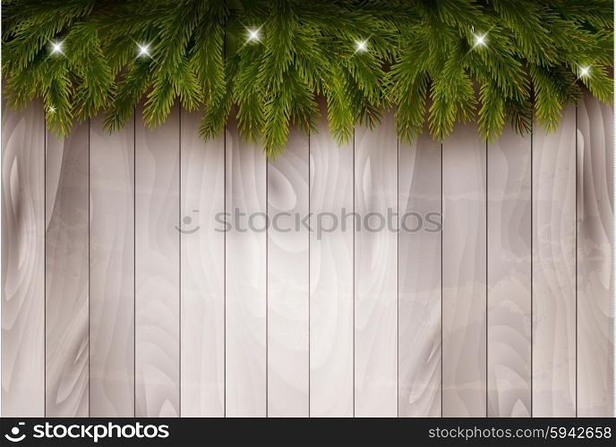 Background with christmas tree branches and baubles in front of a wooden wall. Vector.