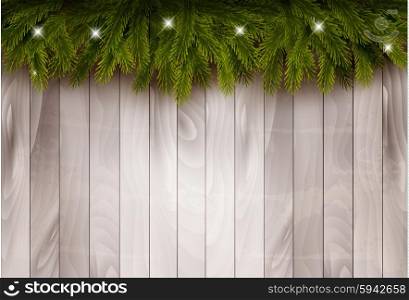Background with christmas tree branches and baubles in front of a wooden wall. Vector.