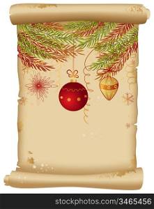 Background with Christmas tree on an old scroll