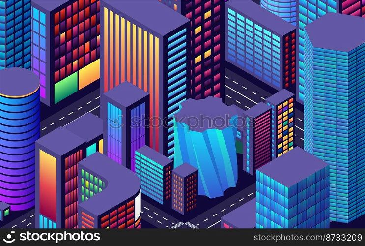Background with city view with isometric perspective and vibrant shiny neon colors