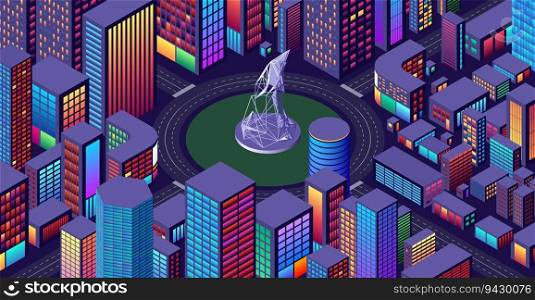 Background with city view with isometric perspective and vibrant shiny neon colors