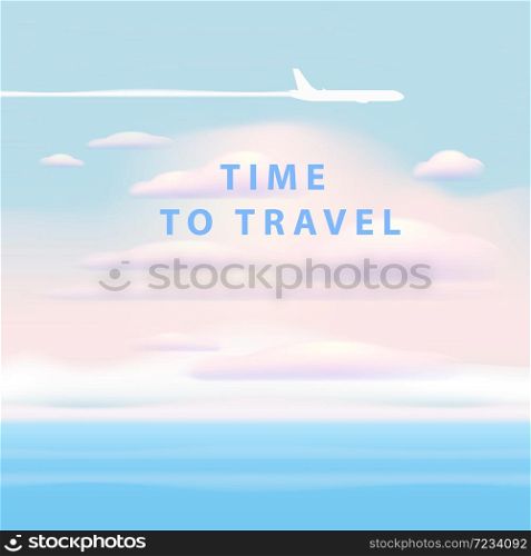 Background with clouds on blue sky. Blue Sky vector. Time to travel Clouds on blue sky suncet sea ocean horison plane. Vector background banner template isolated