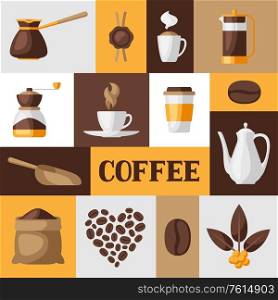 Background with coffee icons. Food illustration of beverage items. Design for coffee shop, bar and cafe.. Background with coffee icons. Food illustration of beverage items.