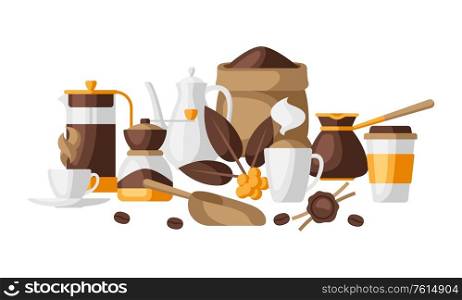 Background with coffee icons. Food illustration of beverage items. Design for coffee shop, bar and cafe.. Background with coffee icons. Food illustration of beverage items.