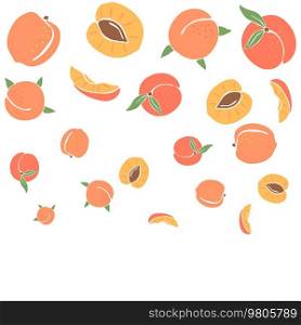 Background with colored peaches. Decorative stylized fruits and leaves.. Background with colored peaches. Decorative fruits and leaves.