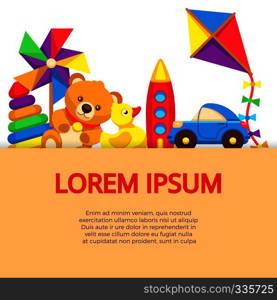 Background with colorful cartoon kids toys. Vector childhood concept illustration. Background with colorful cartoon kids toys