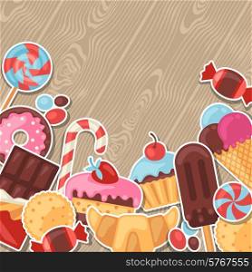 Background with colorful sticker candy, sweets and cakes.