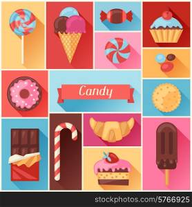 Background with colorful various candy, sweets and cakes.