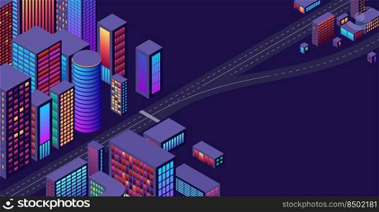 Background with concept of city and suburbs or outskirts view with isometric perspective and vibrant shiny neon colors