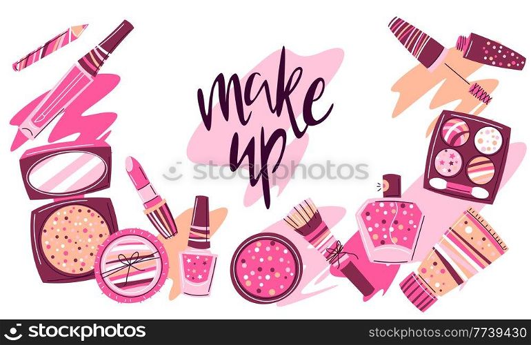 Background with cosmetics for skincare and makeup. Illustration for catalog or advertising. Beauty and fashion items.. Background with cosmetics for skincare and makeup. Illustration for advertising. Beauty and fashion items.