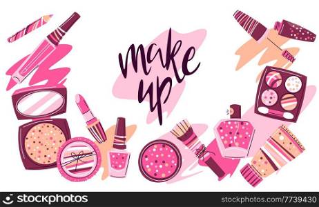 Background with cosmetics for skincare and makeup. Illustration for catalog or advertising. Beauty and fashion items.. Background with cosmetics for skincare and makeup. Illustration for advertising. Beauty and fashion items.