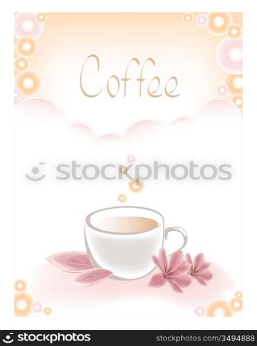 background with cup of coffee and pink flowers