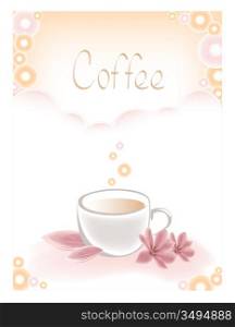 background with cup of coffee and pink flowers