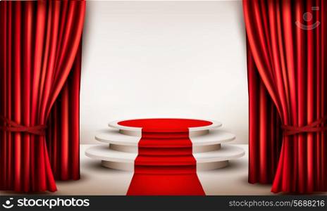 Background with curtains and red carpet leading to a podium. Vector.
