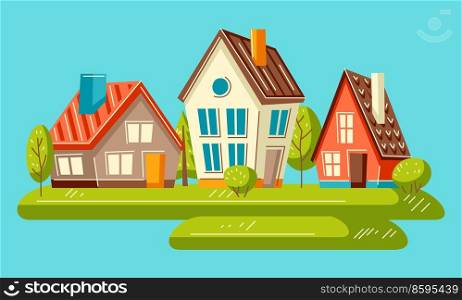 Background with cute houses and trees. Country colorful cottages illustration.. Background with cute houses and trees. Country cottages illustration.