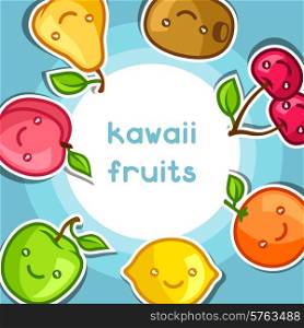 Background with cute kawaii smiling fruits stickers.. Background with cute kawaii smiling fruits stickers