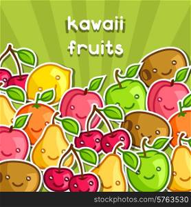 Background with cute kawaii smiling fruits stickers.. Background with cute kawaii smiling fruits stickers