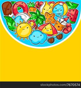 Background with cute kawaii summer items. Vacation and beach funny character.. Background with cute kawaii summer items.