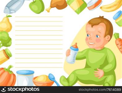 Background with cute little baby and food items. Healthy child feeding.. Background with cute little baby and food items.