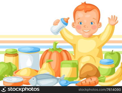 Background with cute little baby and food items. Healthy child feeding.. Background with cute little baby and food items.