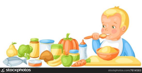 Background with cute little baby and food items. Healthy child feeding.. Background with cute little baby and food items.