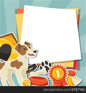 Background with cute sticker dog icons and objects.