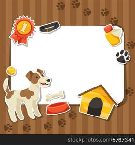 Background with cute sticker dog, icons and objects.