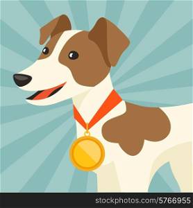 Background with dog champion winning gold medal.