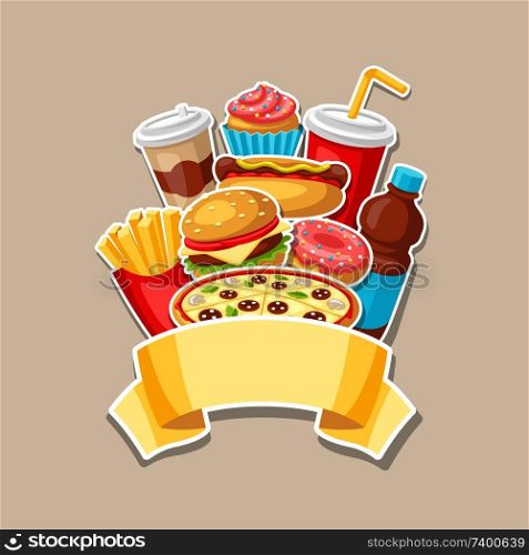 Background with fast food meal. Tasty fastfood lunch products. Design for menu or advertising.. Background with fast food meal. Tasty fastfood lunch products.