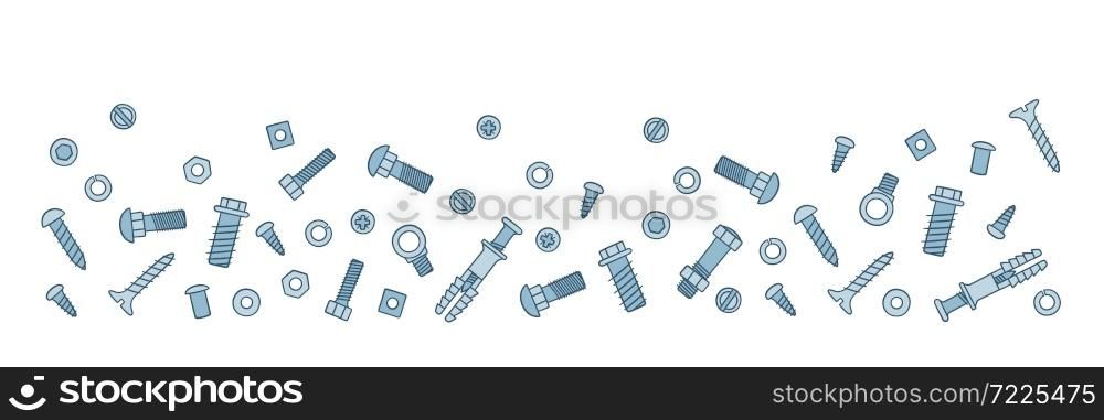 Background with fasteners. Bolts, screws, nuts, dowels and rivets in doodle style. Hand drawn building material. Color vector illustration on white background. Background with fasteners. Bolts, screws, nuts, dowels and rivets in doodle style. Hand drawn building material.