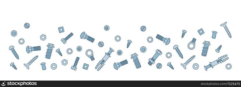 Background with fasteners. Bolts, screws, nuts, dowels and rivets in doodle style. Hand drawn building material. Color vector illustration on white background. Background with fasteners. Bolts, screws, nuts, dowels and rivets in doodle style. Hand drawn building material.