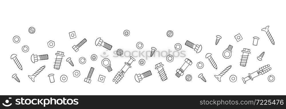 Background with fasteners. Bolts, screws, nuts, dowels and rivets in doodle style. Hand drawn building material. Vector illustration on white background. Background with fasteners. Bolts, screws, nuts, dowels and rivets in doodle style. Hand drawn building material.