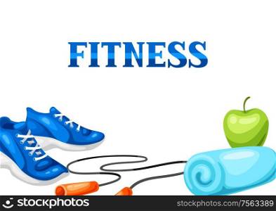 Background with fitness equipment. Sport bodybuilding items illustration. Healthy lifestyle concept.. Background with fitness equipment.