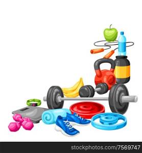 Background with fitness equipment. Sport bodybuilding items illustration. Healthy lifestyle concept.. Background with fitness equipment.