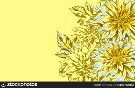 Background with fluffy yellow dahlias. Beautiful decorative flowers, leaves and buds.. Background with fluffy yellow dahlias.