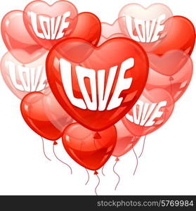 Background with flying balloons in the shape of a heart.