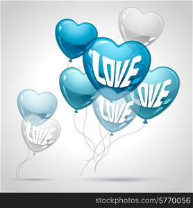 Background with flying balloons in the shape of a heart.