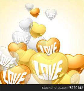 Background with flying balloons in the shape of a heart.