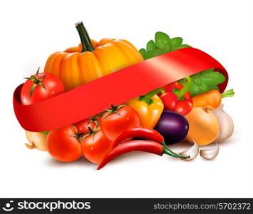 Background with fresh vegetables and red ribbon. Vector.