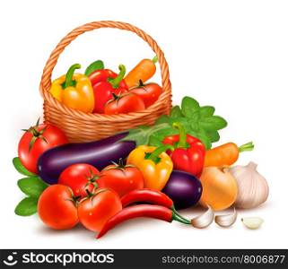 Background with fresh vegetables in basket. Healthy Food. Vector illustration