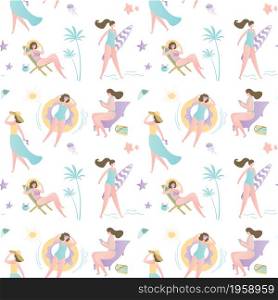 Background with funny vacation girls,summer and tropical seamless pattern,female characters on beach,trendy style vector illustration