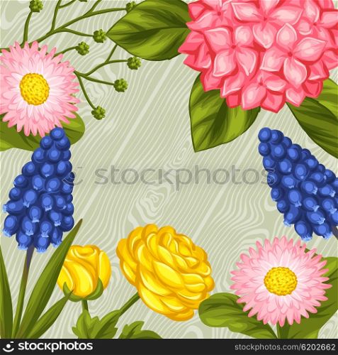 Background with garden flowers. Decorative hortense, ranunculus, muscari and marguerite. Image for wedding invitations, romantic cards, booklets.