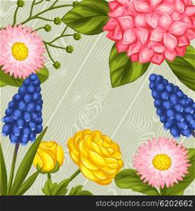 Background with garden flowers. Decorative hortense, ranunculus, muscari and marguerite. Image for wedding invitations, romantic cards, booklets.