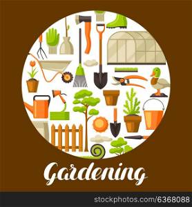 Background with garden tools and items. Season gardening illustration. Background with garden tools and items. Season gardening illustration.