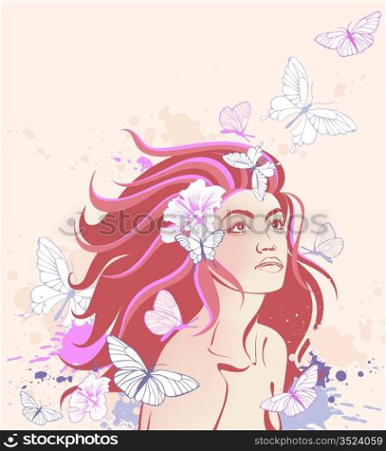 background with girl and butterflies