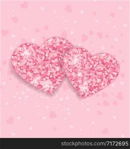 Background with glittering hearts vector illustration. Pink romantic background. Background with glittering hearts