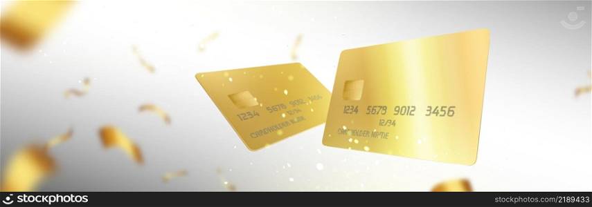 Background with gold credit cards and confetti flying on defocused backdrop. Golden Vip bank client financial service, congratulations, business presentation, ads Realistic 3d vector template design. Background with gold credit cards and confetti