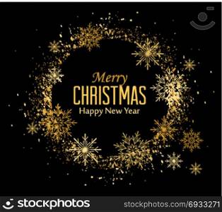 Background with golden snow. Vector illustration of Christmas background with snowflakes. Golden snow